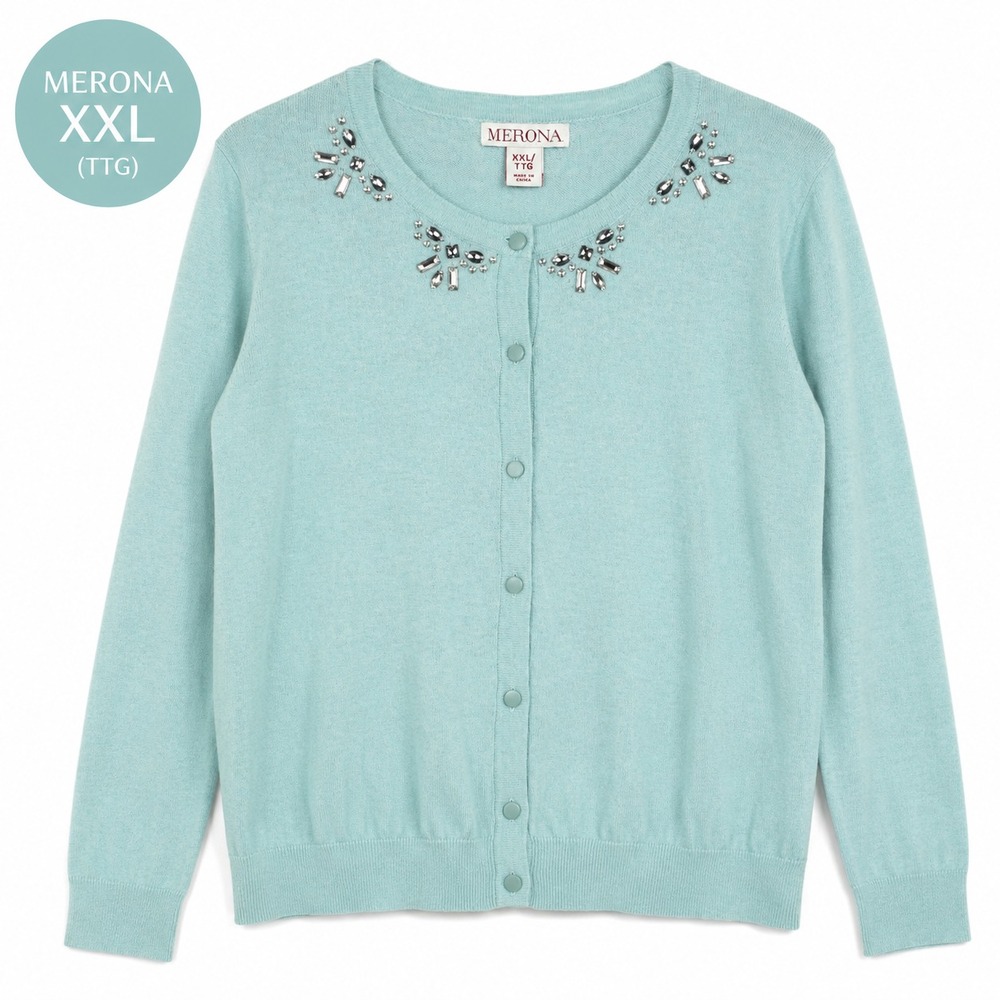 Merona Women's XXL Aqua Blue Jeweled Cardigan Rhinestone Button Front Sweater